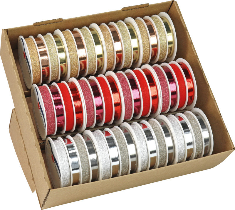 Präsent Geschenkband – Glitter, Weihnachten – 10 mm × 20 m – 3 Farben (Gold, Rot, Silber)