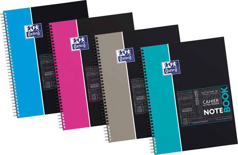 Oxford Collegeblock A4+, kariert, Spiralbindung, Karton, 80 Blatt – sortiert (türkis, blau, pink, grau)