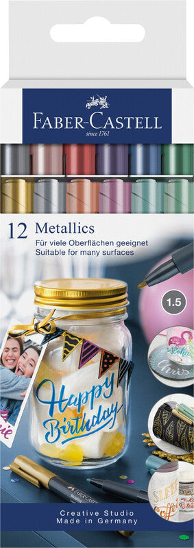 Faber-Castell Non-Permanent-Marker Metallic – Rundspitze 1,5 mm – sortiert – 12er-Set – für dunkles Papier