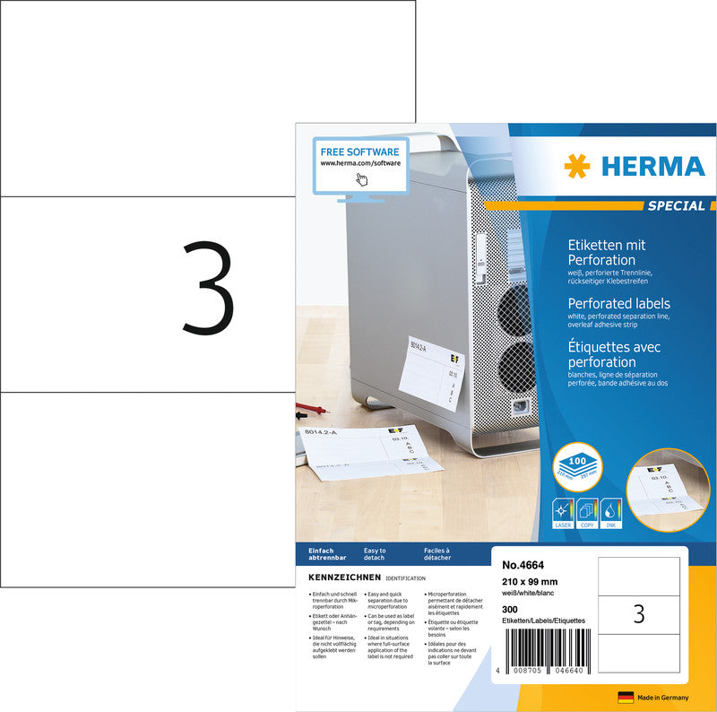 HERMA Drucketiketten, 210 mm × 99 mm, weiss, Papier, permanent, 300 Etiketten (100 Blatt)