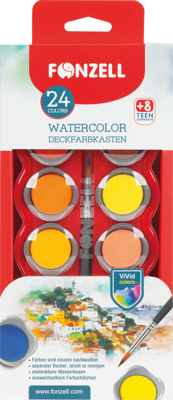 Fonzell Deckfarbkasten – 24 Farben, sortiert, mit Pinsel