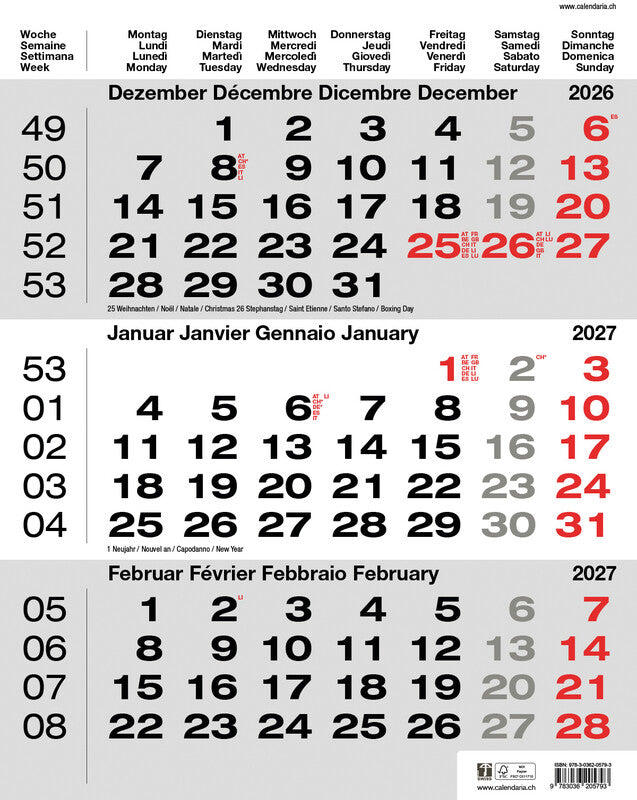 Calendaria 3-Monats-Kalender, 3 Monate pro Seite, 2027, 31 × 40 cm, d/f/i/gb, Spiralbindung, mit Datumsschieber