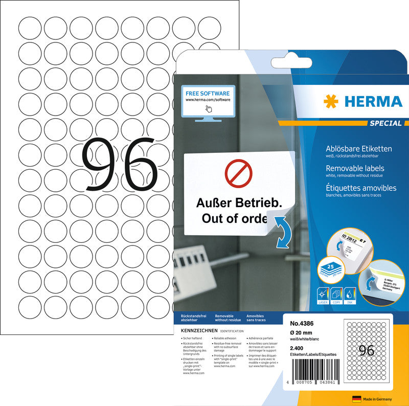 HERMA Druckeretiketten, Ø 20 mm, weiss, Papier, ablösbar, 25 Blätter (2400 Etiketten)