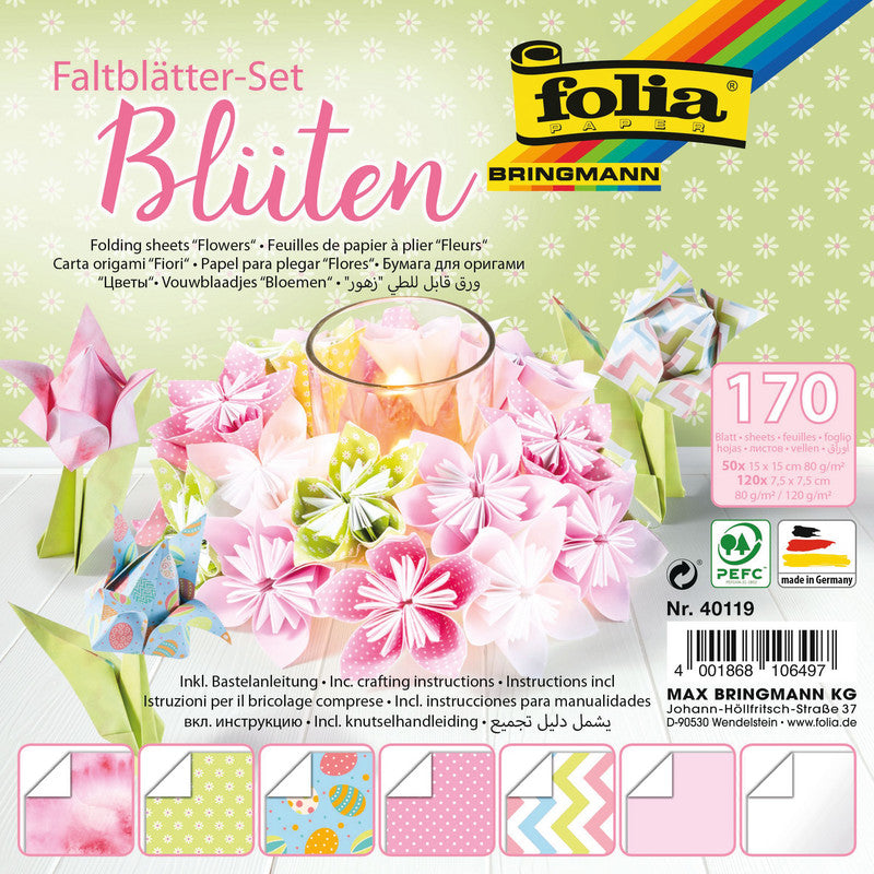 Folia Faltblätter-Set, Blumen – 150 × 150 mm – 80 g/m² – sortiert – 170 Blatt