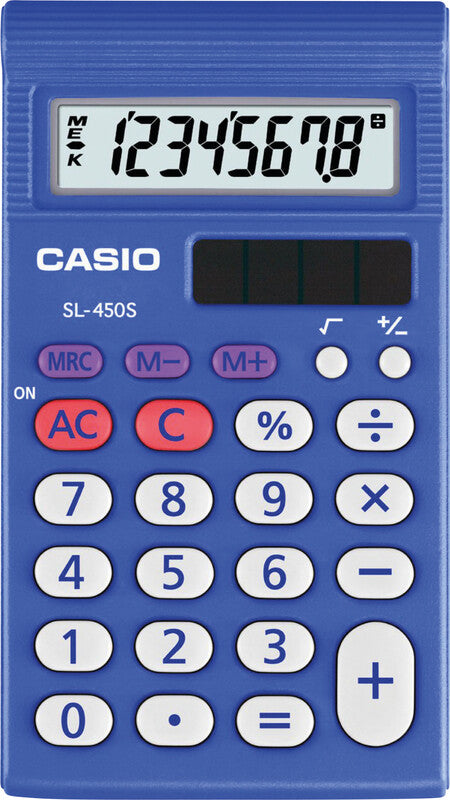 Casio Taschenrechner SL-450S – 8-stellig, LCD, Solar + Batterie, blau, 73×120×17 mm