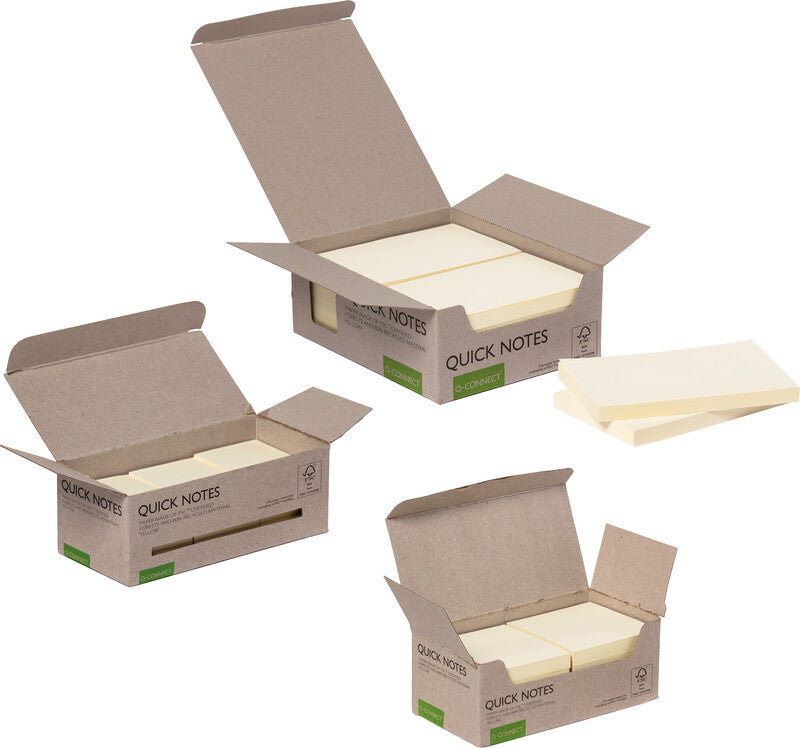 Q-Connect Haftnotizen – 127×76 mm – gelb, 12×100 Blatt, Recyclingpapier, ohne Einzelverpackung