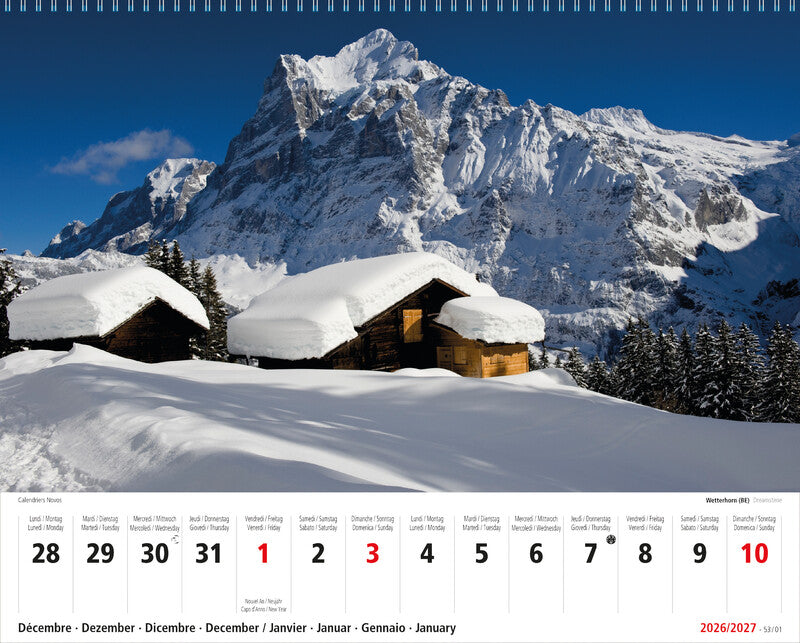 Novos Bildkalender Schweiz 2026 – 25,5 × 20,5 cm – 2 Wochen pro Blatt – mit Aufhänger, mit Kartonrückwand