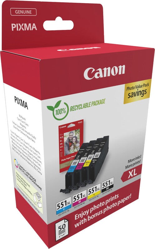 Canon Tintenpatronen-Multipack CLI-551XL Photo Cube, 4er-Pack, mit Fotopapier (50 Blatt) – für Inkjetdrucker