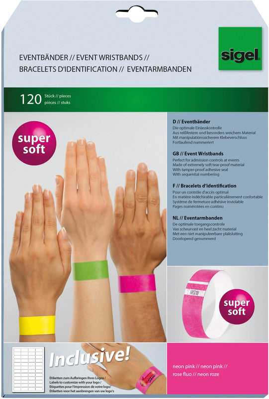 Sigel Event-Armband – 25 × 255 mm, neonpink, Kunststoff, fortlaufend nummeriert – 120 Stk