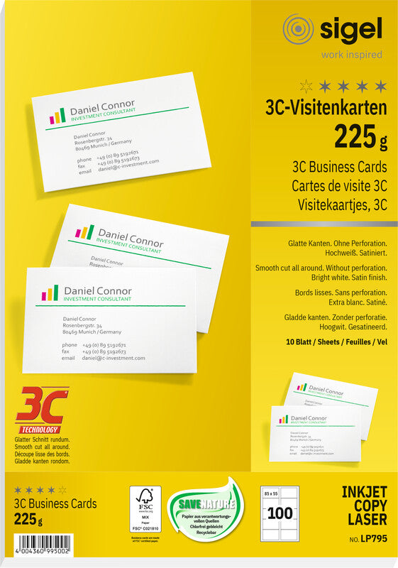 Sigel Visitenkarten, 85 × 55 mm – für Laser/Inkjet/Kopierer – A4, 10 pro Blatt – 100 Karten – FSC-zertifiziert