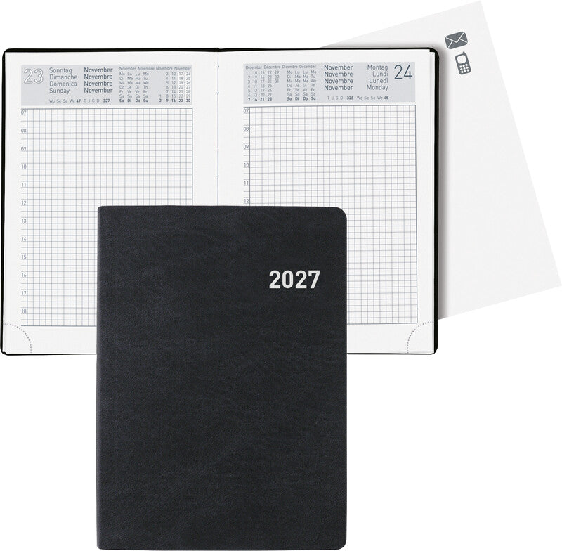Biella Technikus Agenda – 1 Tag pro Seite, gebunden, 10,1 × 14,2 cm, 2027, 1-Stunden-Takt, Schwarz, FSC