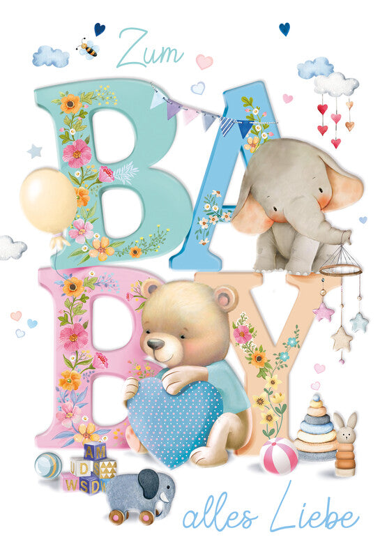 Kurt eulzer Grusskarte Geburt (Zum Baby alles Liebe) – 120 × 180 mm – mit Umschlägen, Text DE, 6er Pack