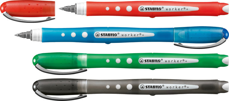 STABILO worker+ colorful – Tintenroller-Set, mit Kappe, 0,5 mm, farbig sortiert, 4er Etui, für Linkshänder