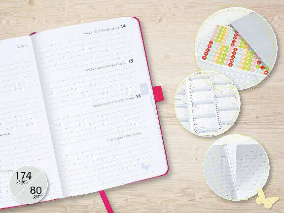 Sigel JOLIE Agenda – 1 Woche/2 Seiten, gebunden, A6, 2026, mehrsprachig, Butterfly Confetti Sky, FSC