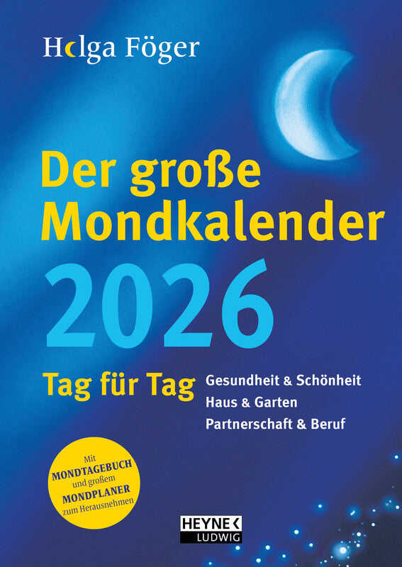 Heyne Ludwig Der grosse Mondkalender Agenda – 1 Tag/Seite, gebunden, 17 × 24 cm, 2026, Mond, Blau, FSC