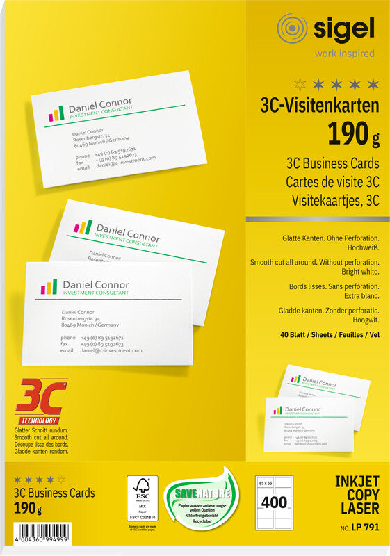 Sigel Visitenkarten, 85 × 55 mm, 190 g/m² – für Laser/Inkjet/Kopierer – A4, 10/Blatt – 400 Karten