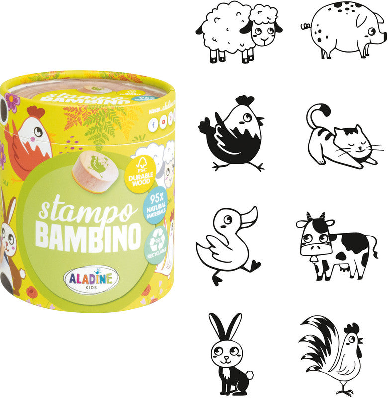 Aladine kids Aladine – Bambino Stempel-Set – Bauernhof, 8 Stempel, Ø 40 mm, Kissen Ø 80 mm, Schwarz