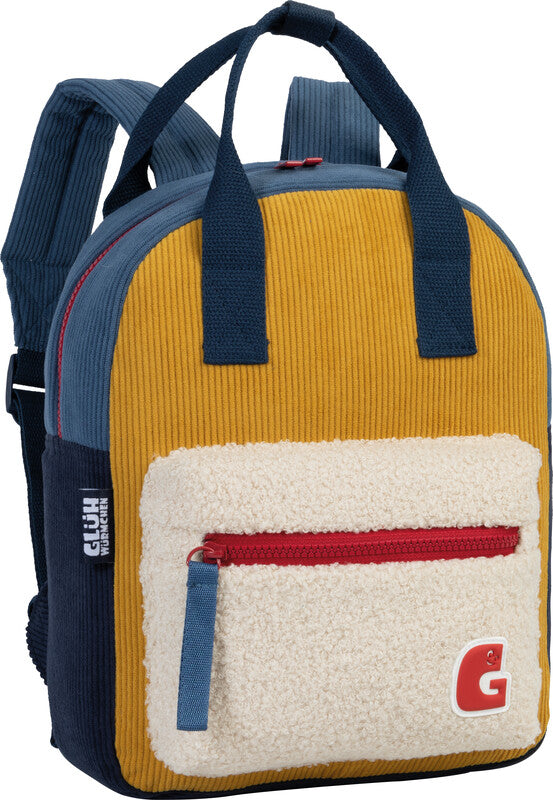 Glühwürmchen Elena – Kindergartenrucksack, Ocker/Blau, 7 l, 24×30×10 cm, mit Namensschild