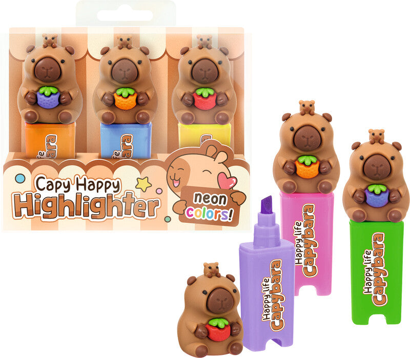 Trendhaus Capybara Happy Life Textmarker Set 3 Farben – Keilspitze, 4 mm