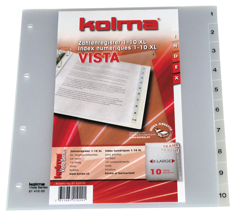 Kolma Vista XL Register – Vollformat, 10-teilig, PP, transparent, vorgedruckt, 4-fach, für A4 überbreit