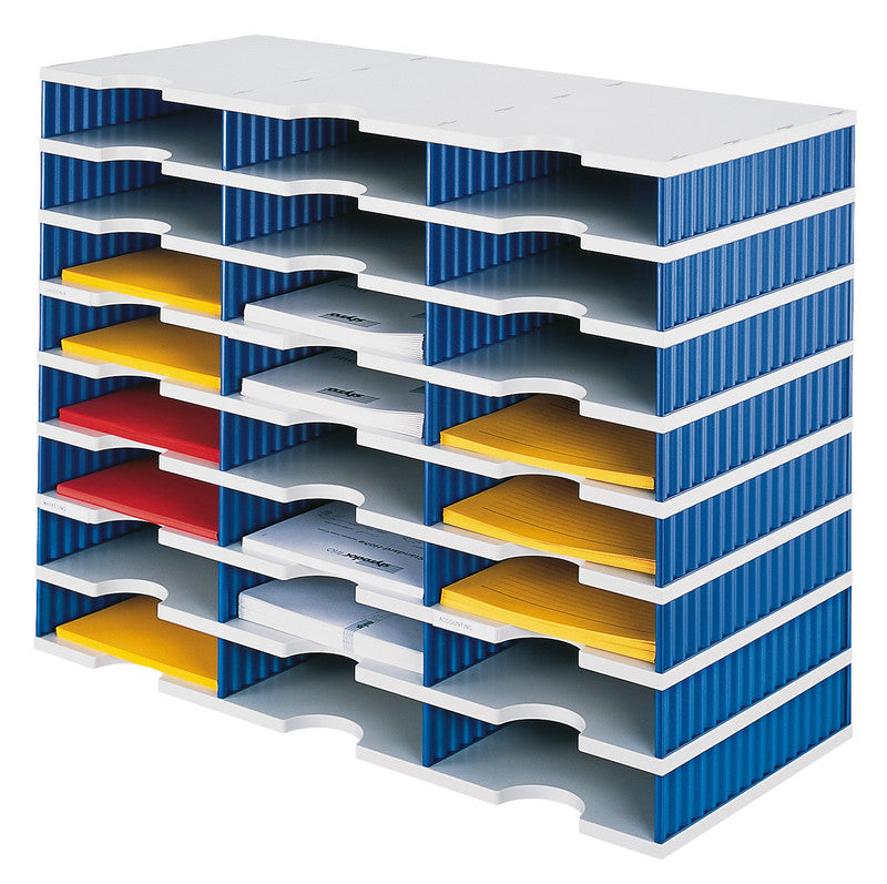 Styro Briefkorb – für C4, 24 Fächer, stapelbar, mit Griffausschnitt, blau/grau, B 723 × H 573 × T 331 mm
