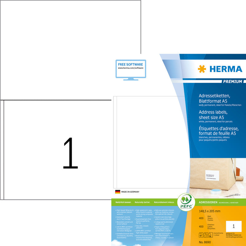 HERMA Drucketiketten, 149 mm × 205 mm, weiss, Papier, permanent, 400 Blatt