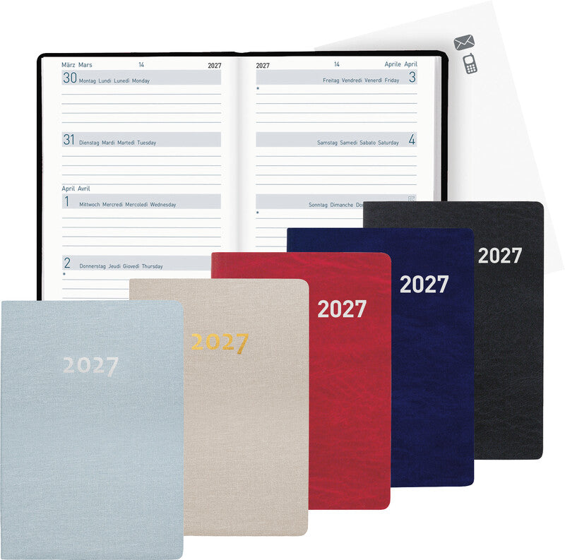 Biella Agenda – 1 Woche/2 Seiten, gebunden, 7,6 × 11,0 cm, 2026, mehrsprachig, beige, FSC
