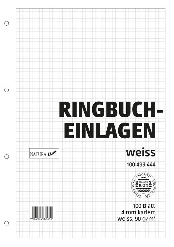 Natura line Notizbuch-Einlagen A4, kariert 4 mm, mit Rand, 4-fach gelocht, 90 g/m² – 100 Blatt