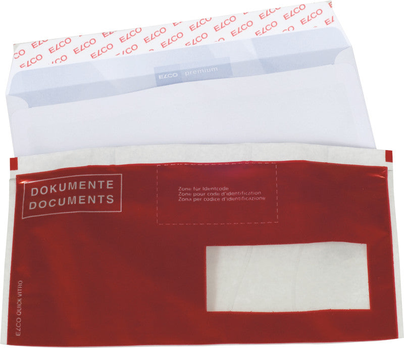 Elco Dokumententasche – C6/5 (229 × 114 mm), Fenster rechts, bedruckt, rot, selbstklebend – 250 Stück