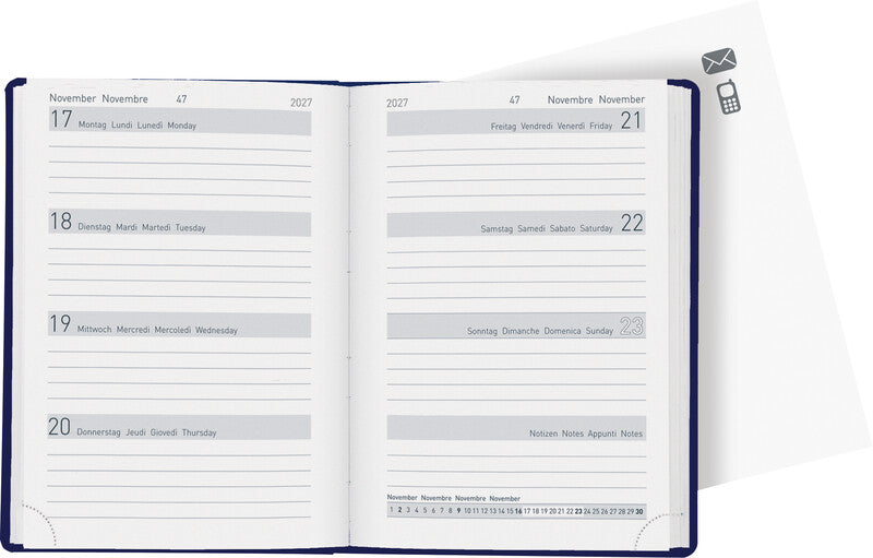 Biella Memento Agenda – 1 Woche/2 Seiten, gebunden, 10,1 × 14,2 cm, 2027, mehrsprachig, dunkelblau, FSC