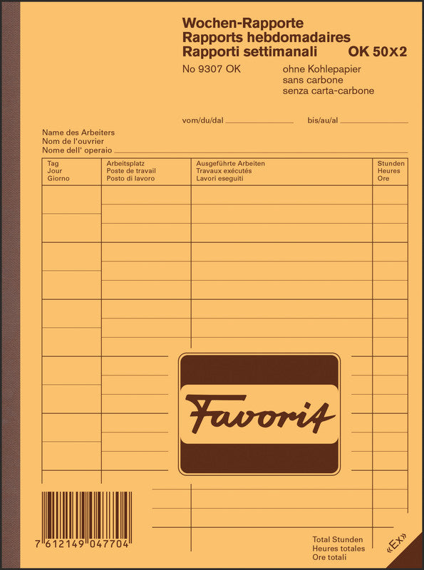 Favorit Formularblock – Wochen-Rapporte, Deutsch, Französisch, Italienisch, 50 Blatt, A5