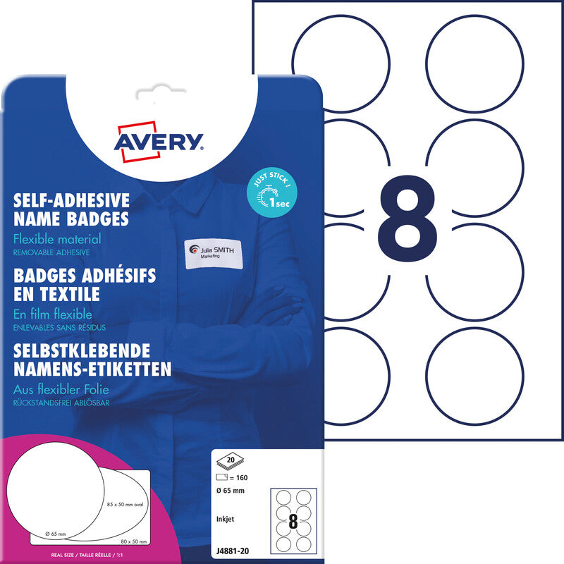 Avery Schuletiketten – Ø 65 mm, 160 Stk, 20 Bogen, Textil, ablösbar