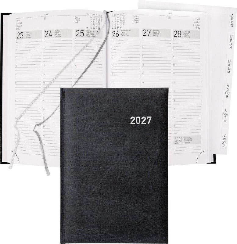 Biella Terminia Agenda – 1 Woche/2 Seiten, gebunden, 14,5 × 20,5 cm, 2027, 1‑h‑Takt, schwarz, FSC