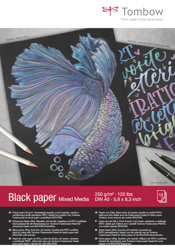 Tombow Zeichenpapier, Papier, 14,8 × 21 cm, Schwarz, 15 Blatt