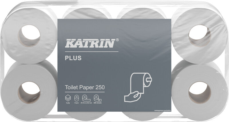 Katrin Plus Toilettenpapier – Recycling, 3-lagig, weiss, 400 Blatt/Rolle, 95 × 110 mm – 8 Rollen
