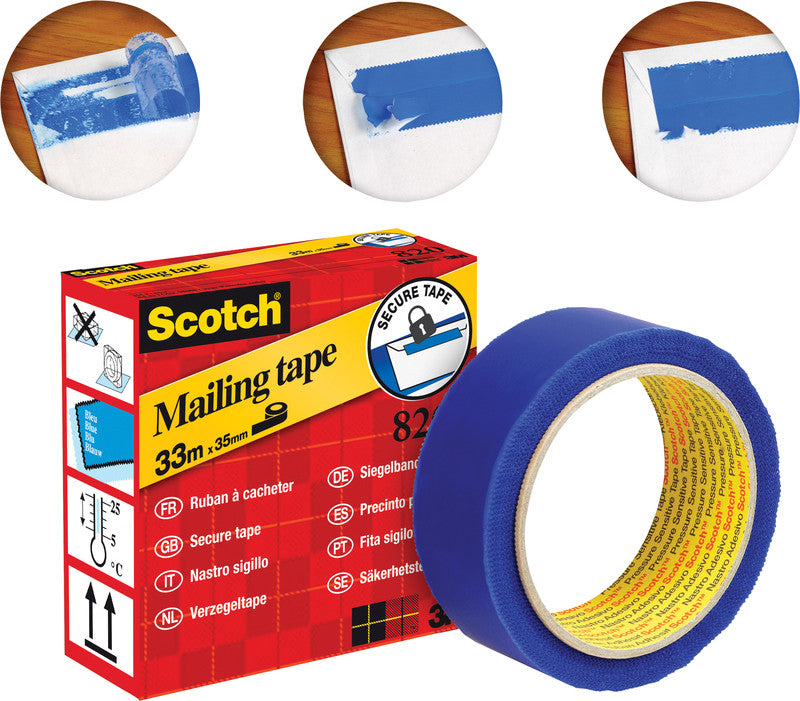 Scotch Siegelband 820 – permanent, postgenehmigt, glatt, Kunststoff, 35 mm × 33 m, blau