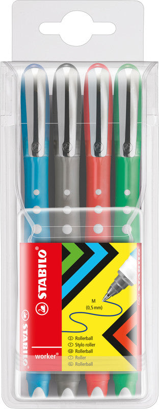 STABILO worker+ colorful – Tintenroller-Set, mit Kappe, 0,5 mm, farbig sortiert, 4er Etui, für Linkshänder