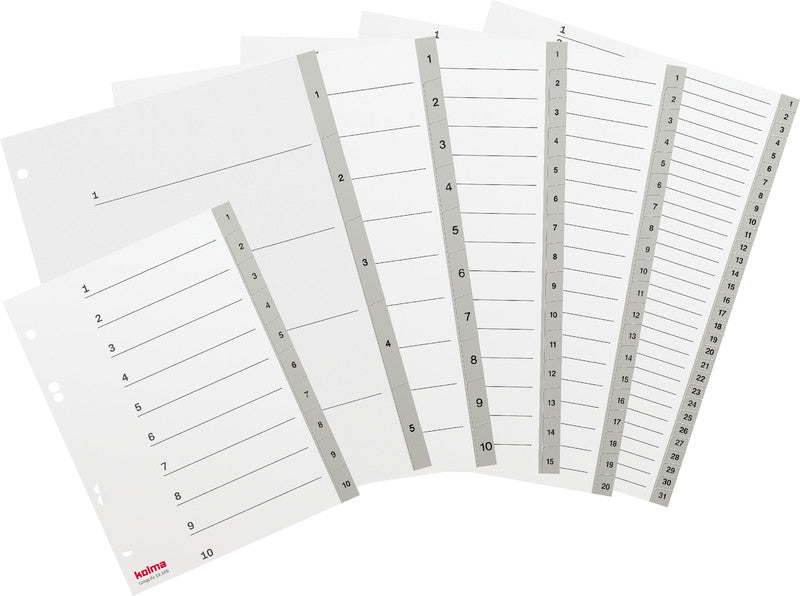 Kolma Register – A4, 15-teilig, PVC, grau, vorgedruckt, 4-fach Lochung, für A4-Ordner
