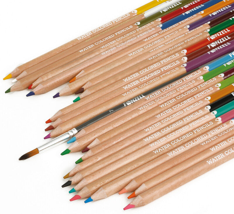 Fonzell Creative Aquarellfarbstifte-Set – 24 Farben, rund, Mine Ø 3,3 mm, Dreiecksetui, mit Pinsel