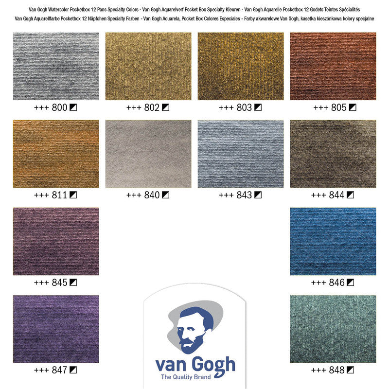 Van Gogh Pocket Box – Aquarellfarben – Set, 12 Farben, metallic & perleffekt, inkl. Schwamm & Pinsel