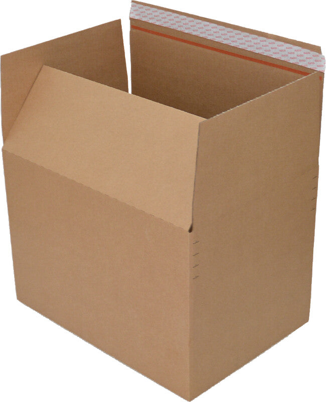 Elco Aufrichtekarton – 445 × 315 × 180–300 mm, Automatikboden, selbstklebend, Aufreissband, braun