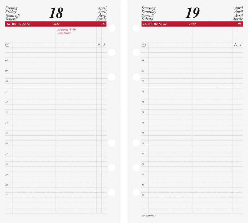 Idé TIMING 2 Kalender-Einlage – 1 Tag/Seite, 6-fach, 9,3 × 17,2 cm, 2027