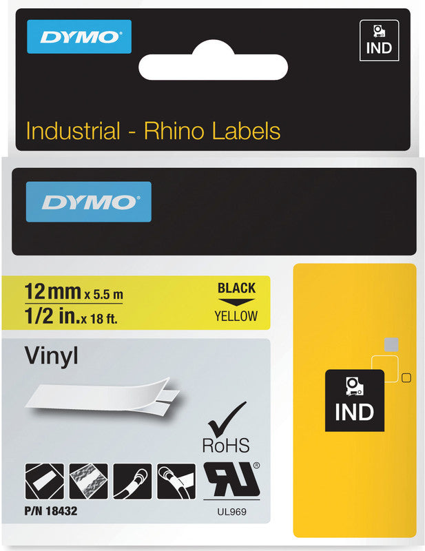 DYMO Schriftband – 12 mm × 5,5 m, gelb, schwarz – für DYMO Rhino: 3000, 4200, 5000 und weitere