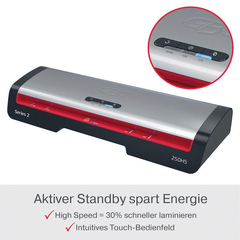 GBC 250HS Laminiergerät A3 – 2-Rollen, 75–125 µm, Aufheizzeit 1 Min., 500 mm/min, Silber