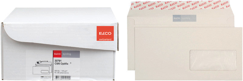 ELCO Couvert C6/5 (229 × 114 mm), mit Fenster, Haftklebend (Optifix), Grau, 100 g/m², Papier – 500 Stk.