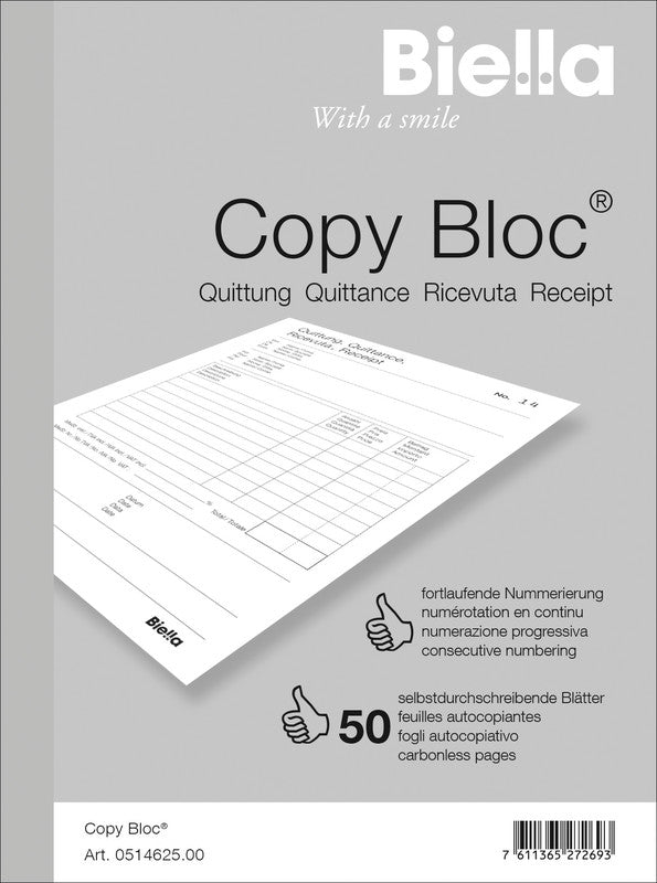 Biella Formularblock – Quittungen, mehrsprachig, 50 Blatt, A6