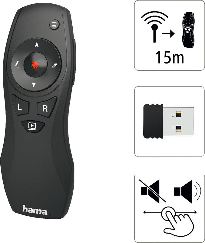 Hama X-Pointer 6 in 1 – Presenter – Roter Laser, 2,4 GHz, Bluetooth, Dongle, Reichweite 15 m, Air-Maus-Funktion