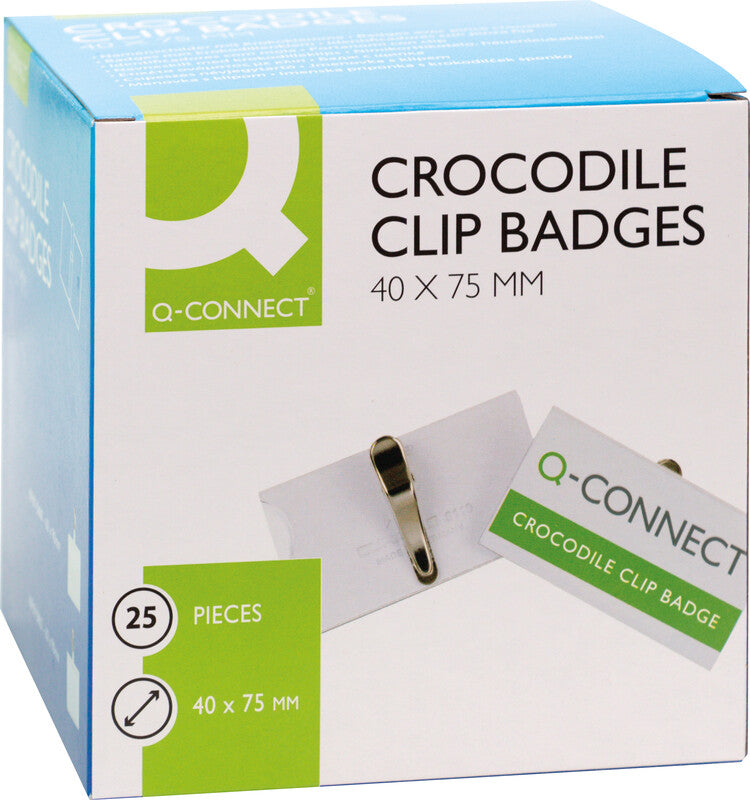 Q-CONNECT Namensschild – 75 × 40 mm, transparent, Kunststoff, Krokoklemme – 25 Stk