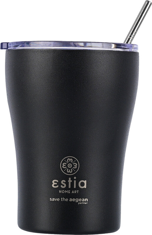 Estia Trinkbecher – 350 ml, Ø 9,0 cm, H 13,0 cm, Edelstahl, Schwarz, Druckverschluss, doppelwandig, BPA-frei