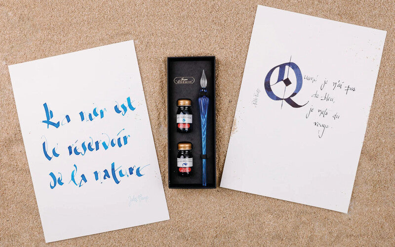 Herbin Glasfeder-Tinten-Set – Federhalter – Blau